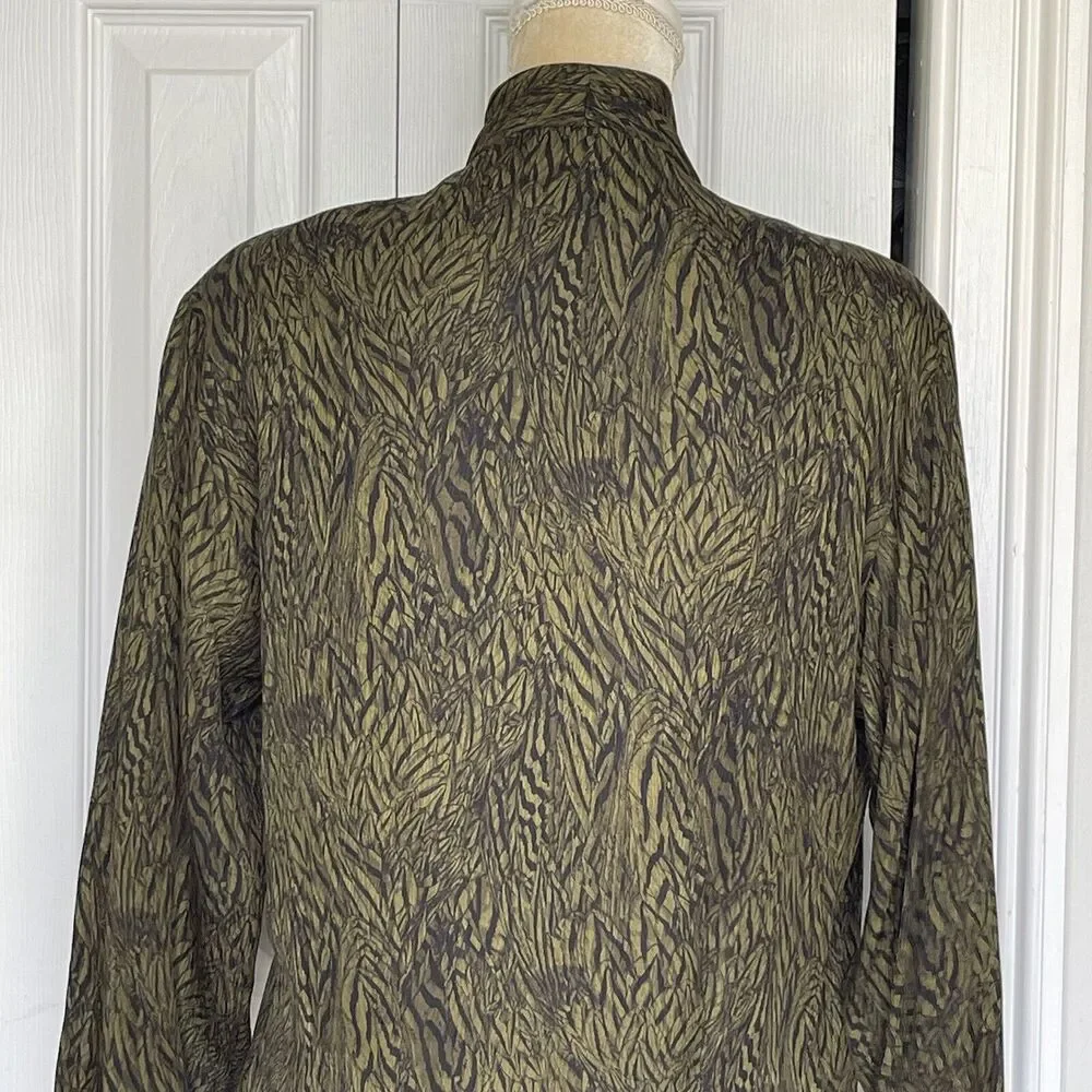 Anne Klein Vintage Silk Blouse Size 8 Green Black Surplice Button Front Top